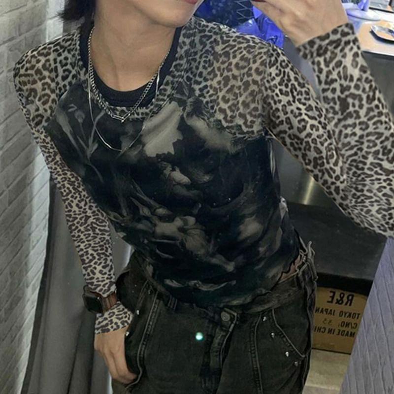 Long Sleeve Leopard Print Mesh Panel Slim-Fit Top Product Image