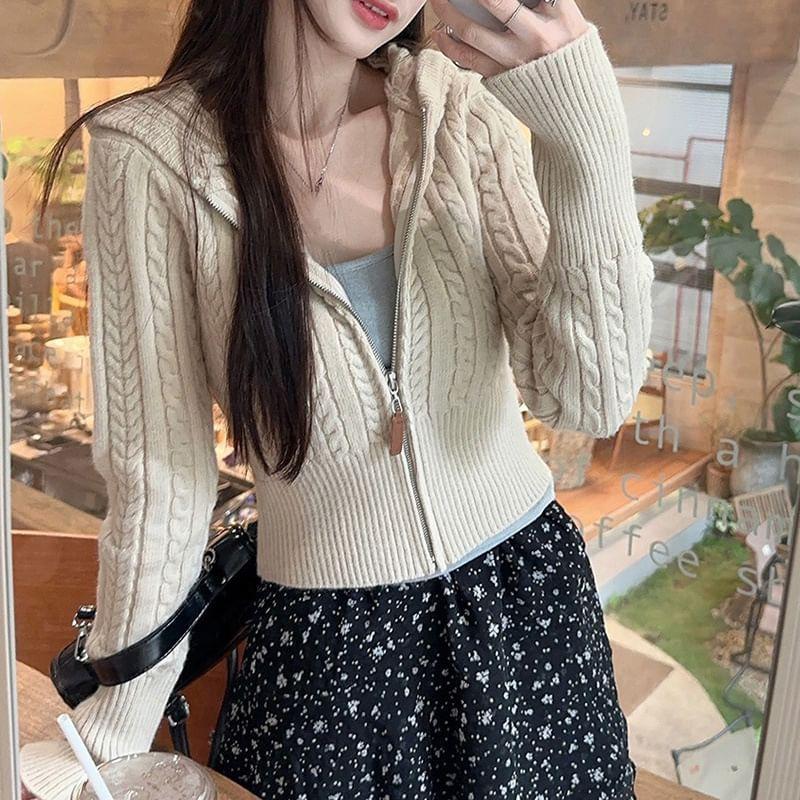 Long Sleeve Plain Cable-Knit Zip-Up Crop Hooded Cardigan Product Image