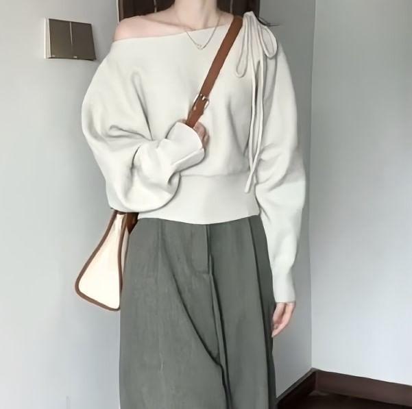 Off-Shoulder Plain Sweater / High Rise Wide Leg Pants Product Image