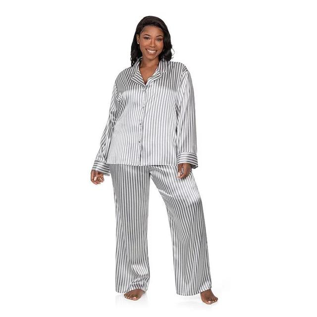 Plus Size Lilac+London Satin Notch Collar Pajama Top & Pajama Bottoms Set, Womens Ivory Grey Product Image