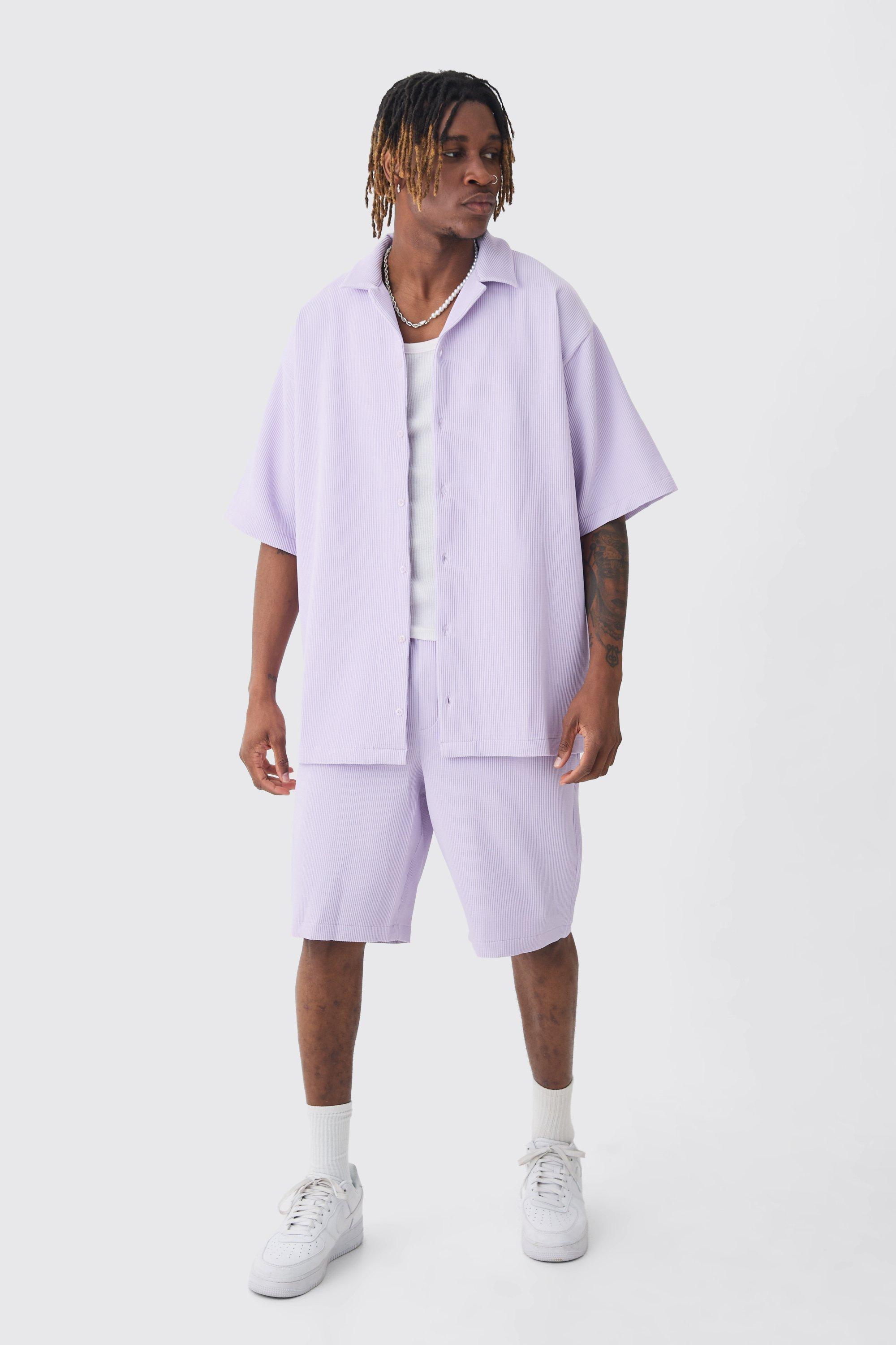 Tall Oversized Short Sleeve Pleated Shirt & Short Set In Lilac Set | boohooMAN USA Product Image