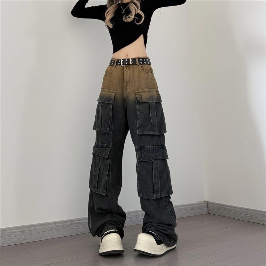 Mid Waist Gradient Washed Wide Leg Cargo Jeans Product Image