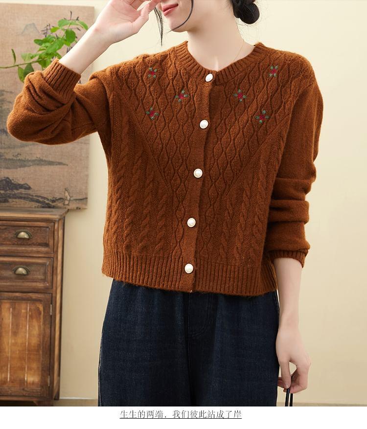 Round Neck Flower Embroidered Cable-Knit Cardigan Product Image