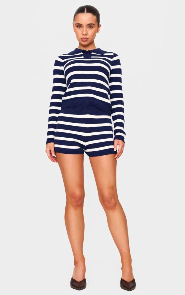 Petite Navy Knitted Stripe Collar Detail Long Sleeve Top Product Image