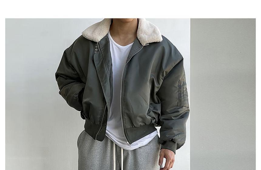 Plain Fluffy Trim Zip Bomber Jacket Product Image