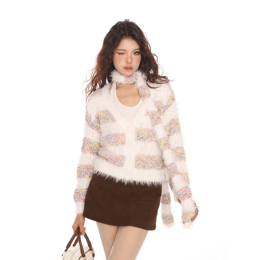 Set: V-Neck Striped Fluffy Sweater + Scarf Product Image