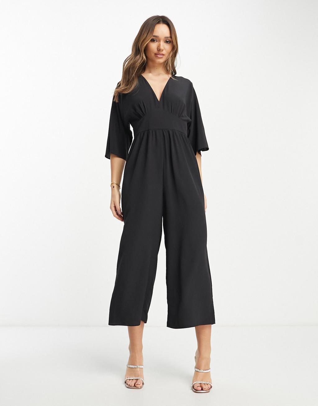 ASOS DESIGN kimono culotte jumpsuit in black Product Image