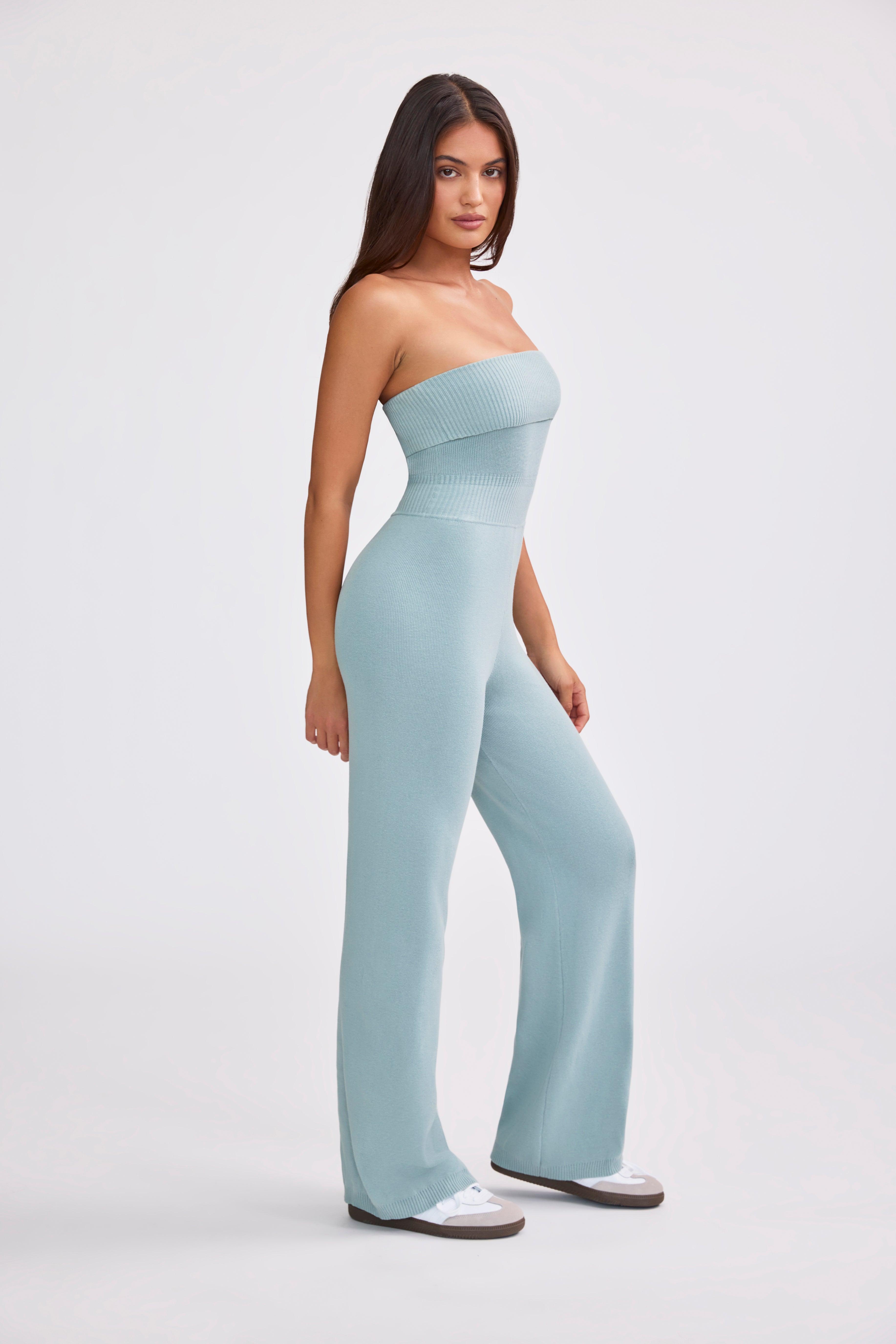 Petite Bandeau Kick Flare Chunky Knit Jumpsuit in Dusty Teal Product Image