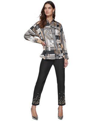 Karl Lagerfeld Paris Womens Printed Button Front Top Embellished Jeans product image