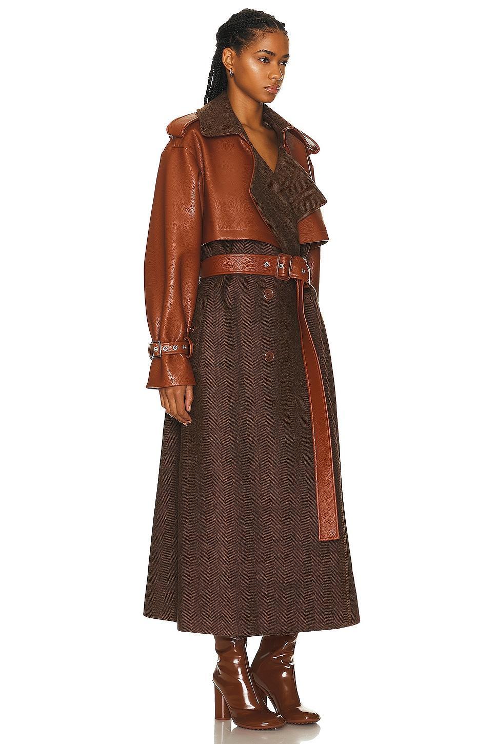 SIMKHAI Doni Faux Leather Combo Trench Coat Brown. (also in L). Product Image