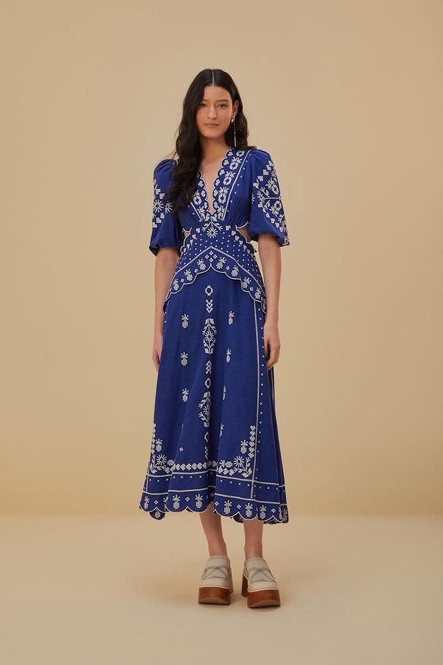 Navy Blue Embroidered Cut-Out Midi Dress, NAVY BLUE / XL Product Image