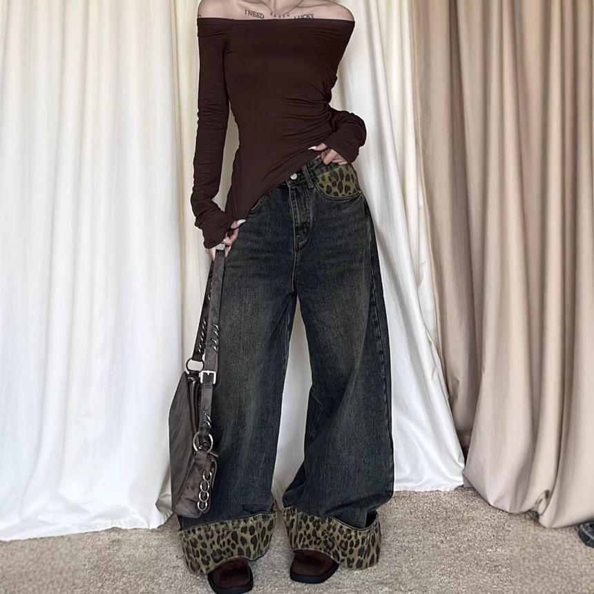 High Rise Leopard Panel Washed Loose-Fit Wide-Leg Jeans Product Image