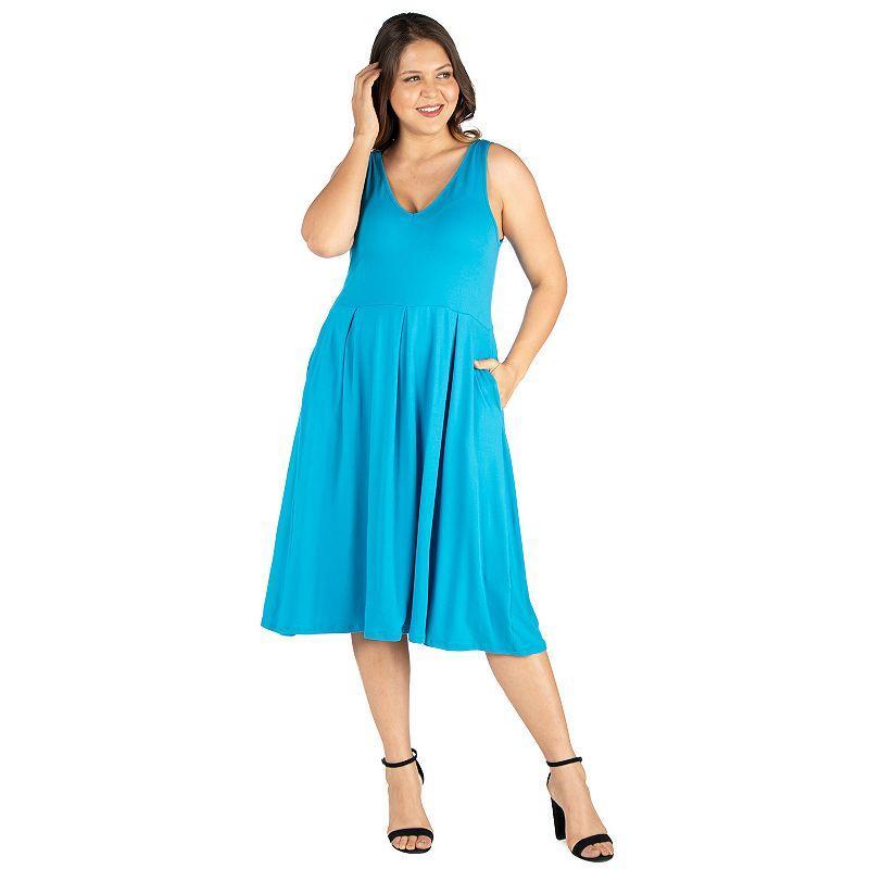 Plus Size 24seven Comfort Apparel Sleeveless Midi Fit and Flare Dress with Pockets, Womens Turquoise Product Image