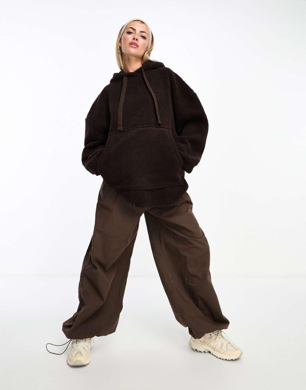 ASOS DESIGN Weekend Collective oversized borg hoodie in chocolate brown Product Image