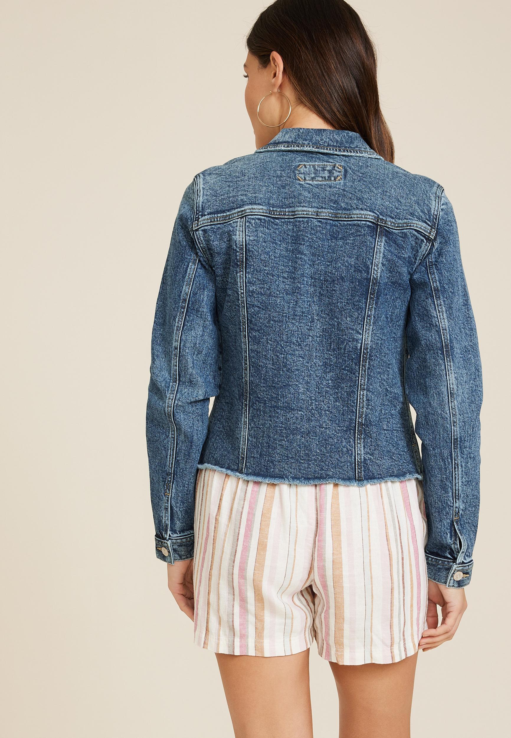 Dark Frayed Hem Denim Jacket Product Image