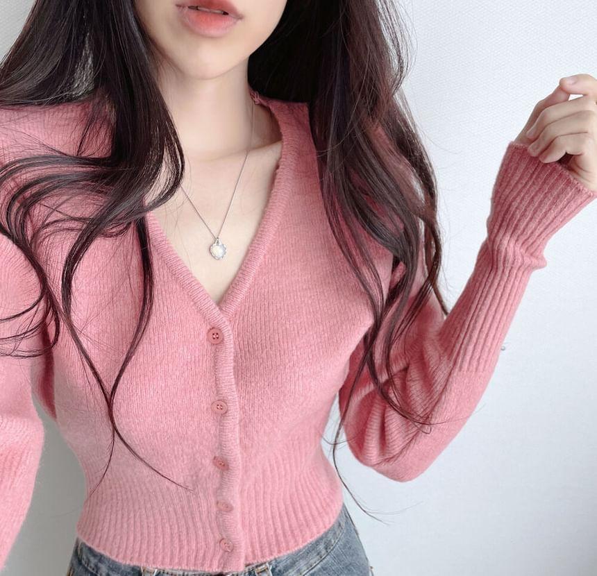 V-Neck Plain Crop Cardigan Product Image