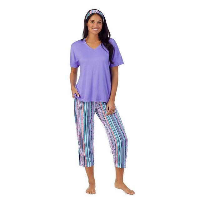 Womens Cuddl Duds Top & Capri Bottoms Pajama Set with Headband Purple Stripe Product Image