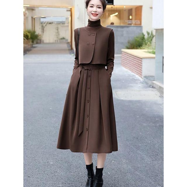 Set: Long-Sleeve Mock Neck Plain Midi A-Line Dress + Double Breasted Crop Vest Product Image