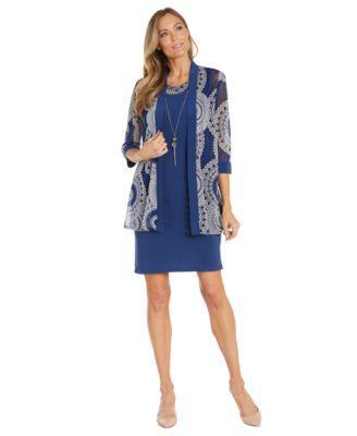 Petite Lace-Print Mesh Jacket and Contrast-Trim Sleeveless Dress Product Image