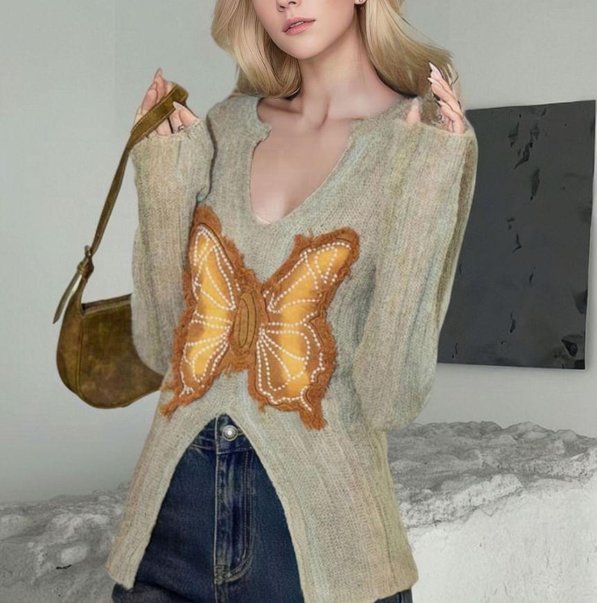 Long Sleeve V-Neck Butterfly Applique Slit Knit Top Product Image