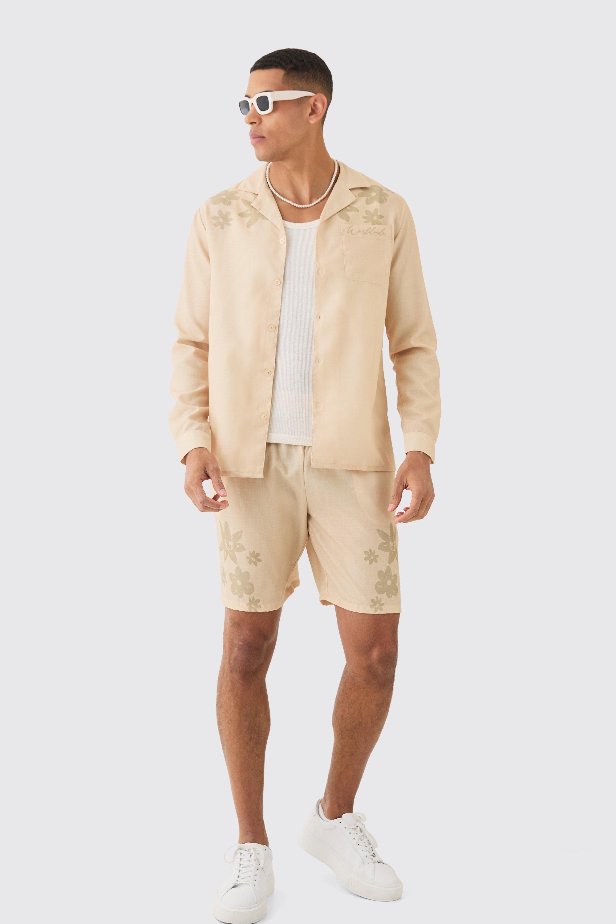 Linen Look Revere Tonal Floral Shoulder Shirt & Short Set | boohooMAN USA product image