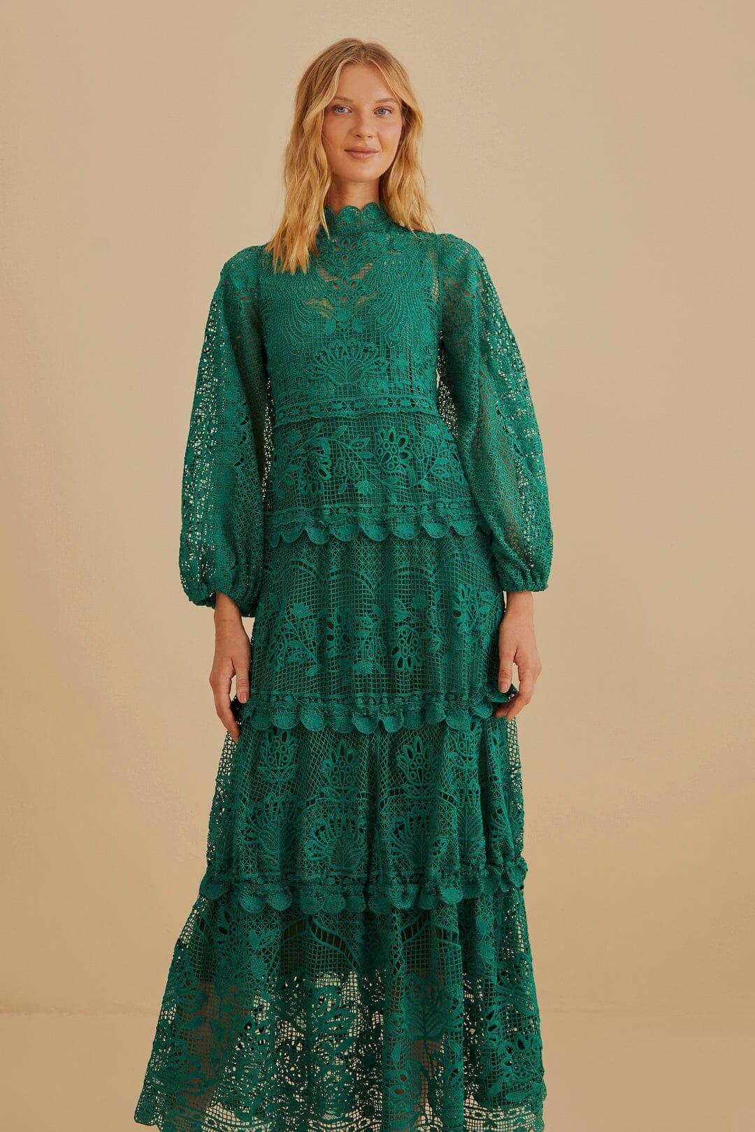 Dark Green Guipure Long Sleeve Maxi Dress Product Image