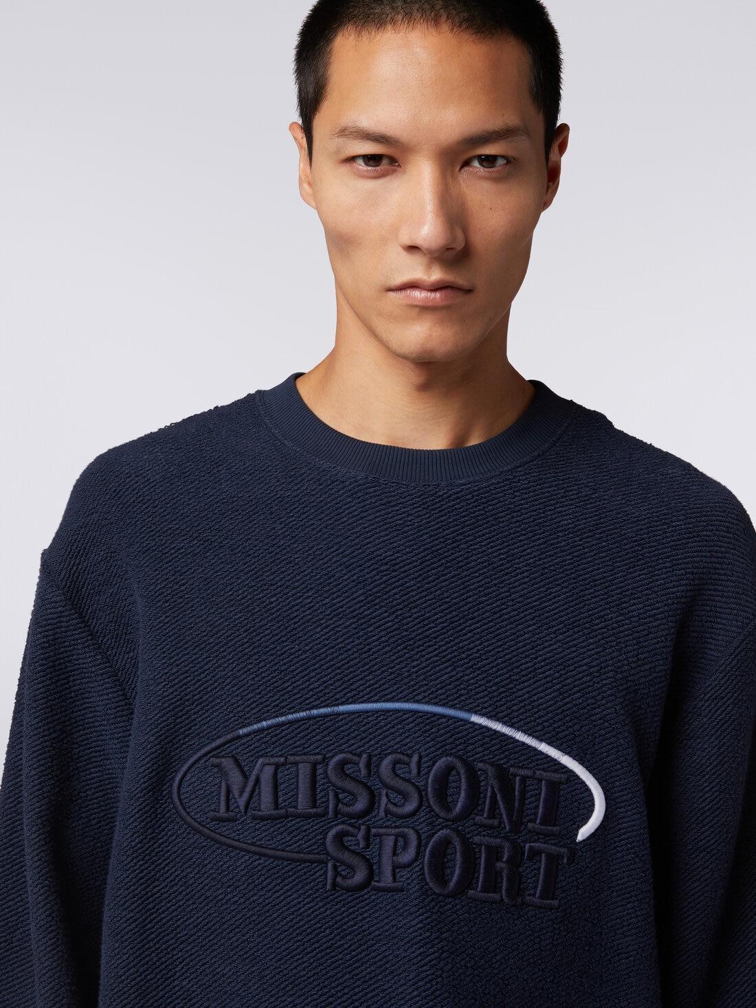 Crew-neck sweatshirt in brushed cotton with large embroidered logo Navy Blue | Missoni Product Image