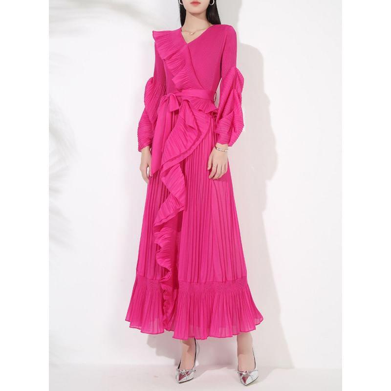 Long-Sleeve V-Neck Plain Ruffle Trim Crinkle Tie Waist Maxi A-Line Dress Product Image