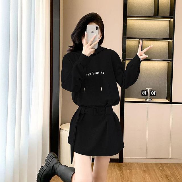 Lettering Drawstring Belted Mini A-Line Hoodie Dress Product Image