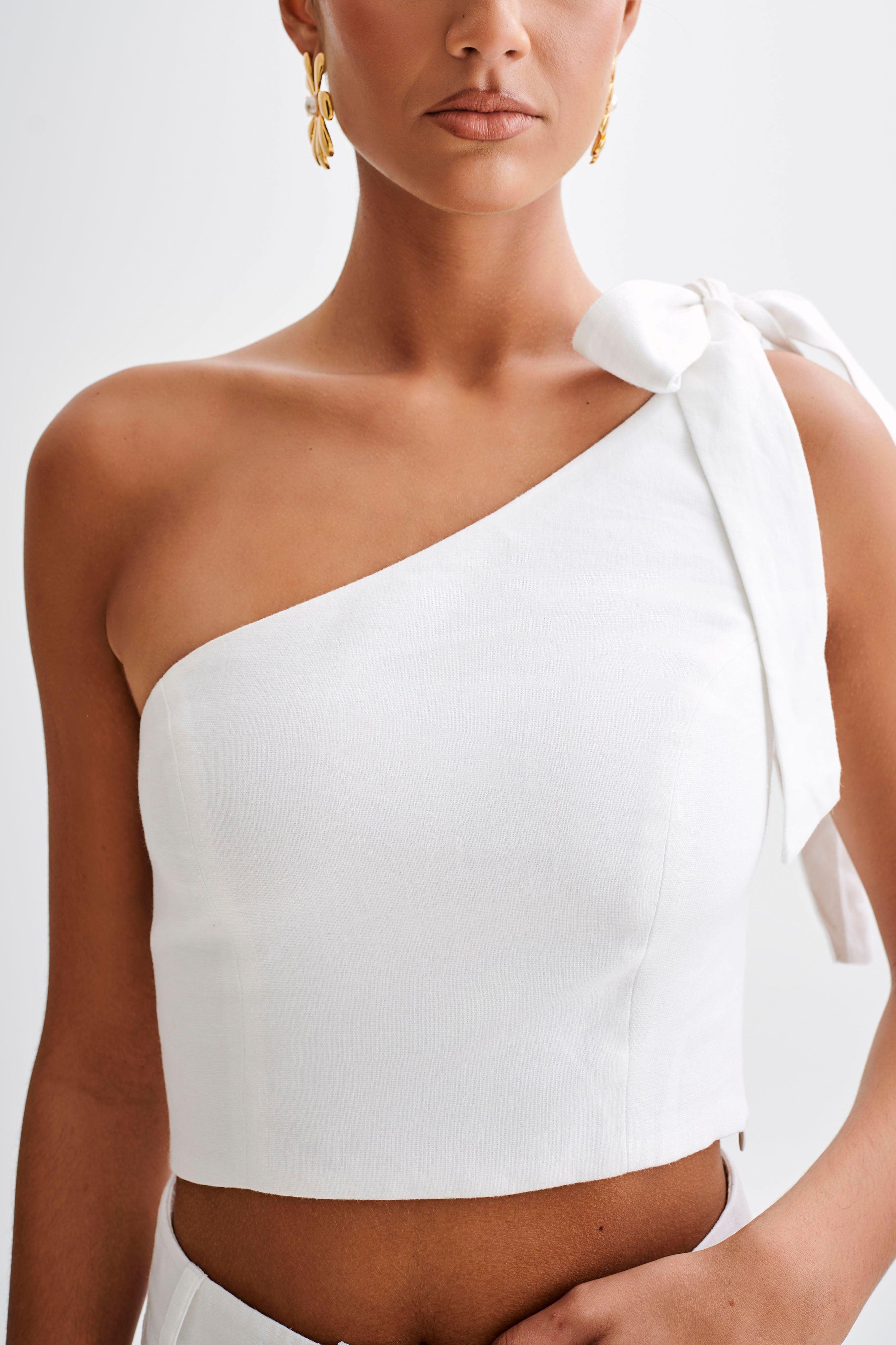 Venezia Linen One Shoulder Tie Top - White Product Image