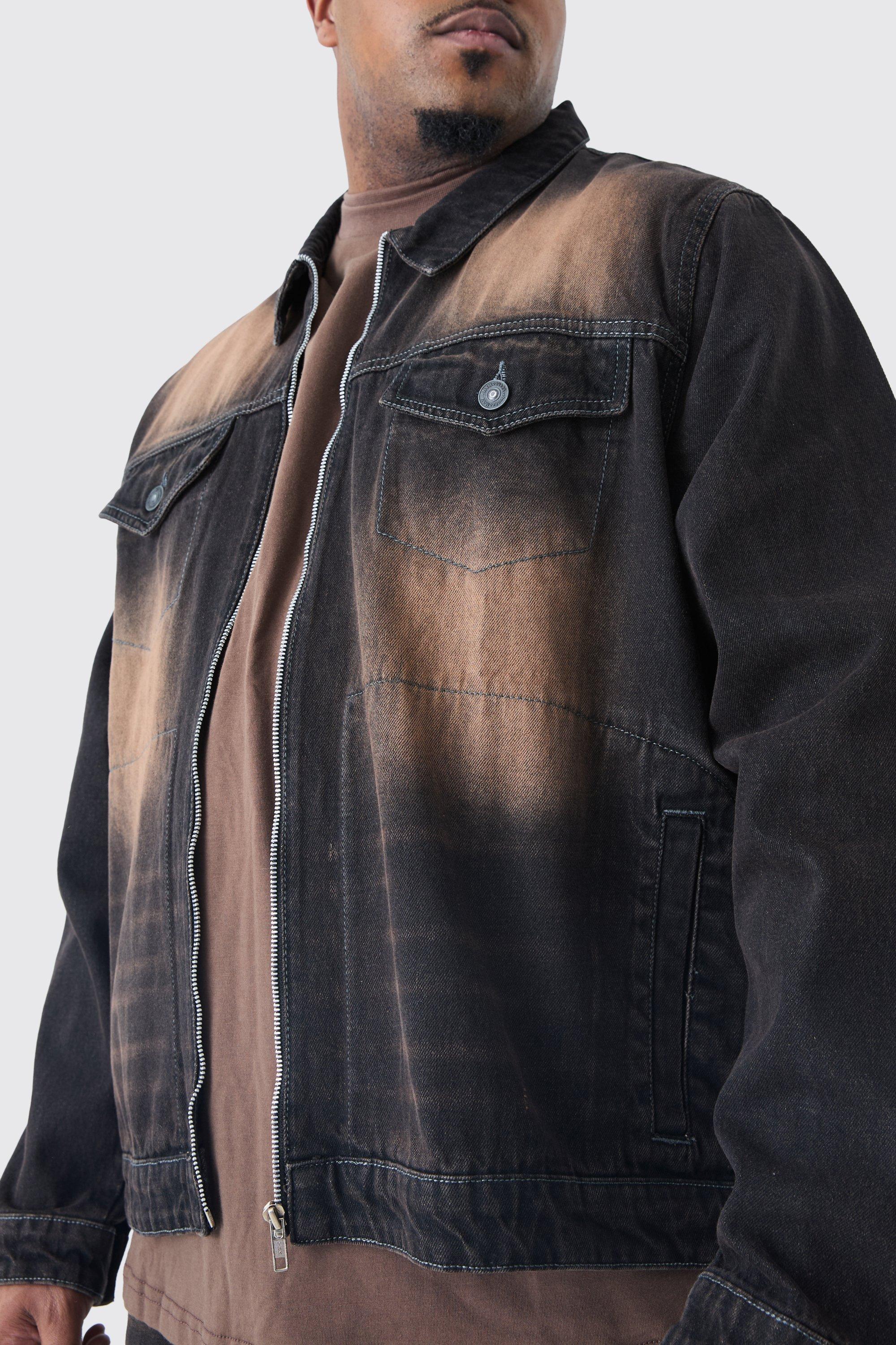 Plus Zip Through Washed Denim Jacket | boohooMAN USA Product Image