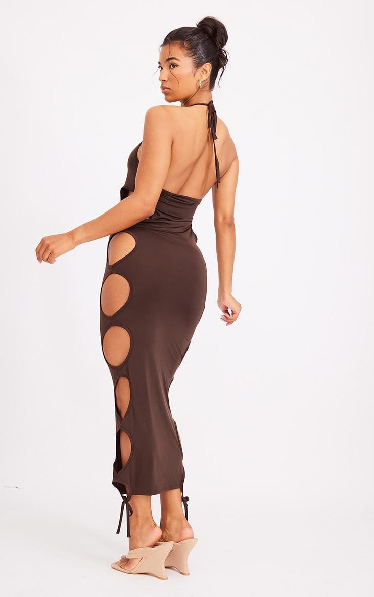 Chocolate Slinky Extreme Cut Out Halter Midaxi Dress Product Image