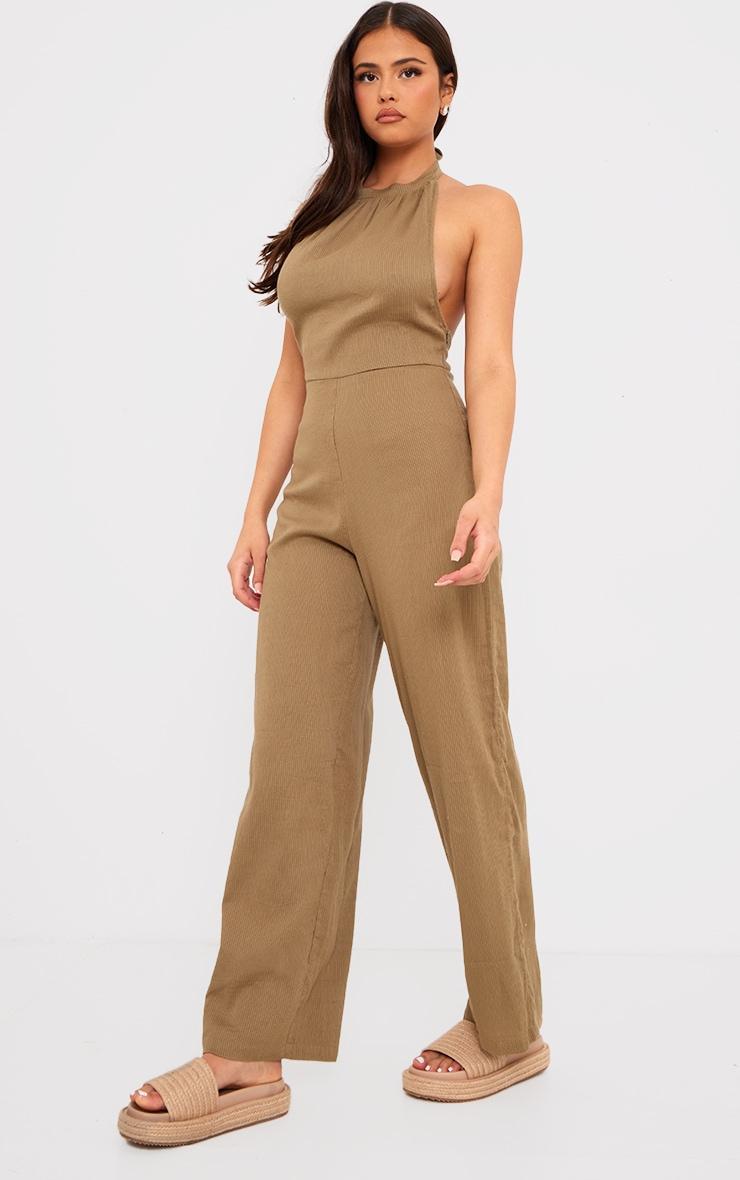 Taupe Textured Halterneck Low Back Jumpsuit Product Image