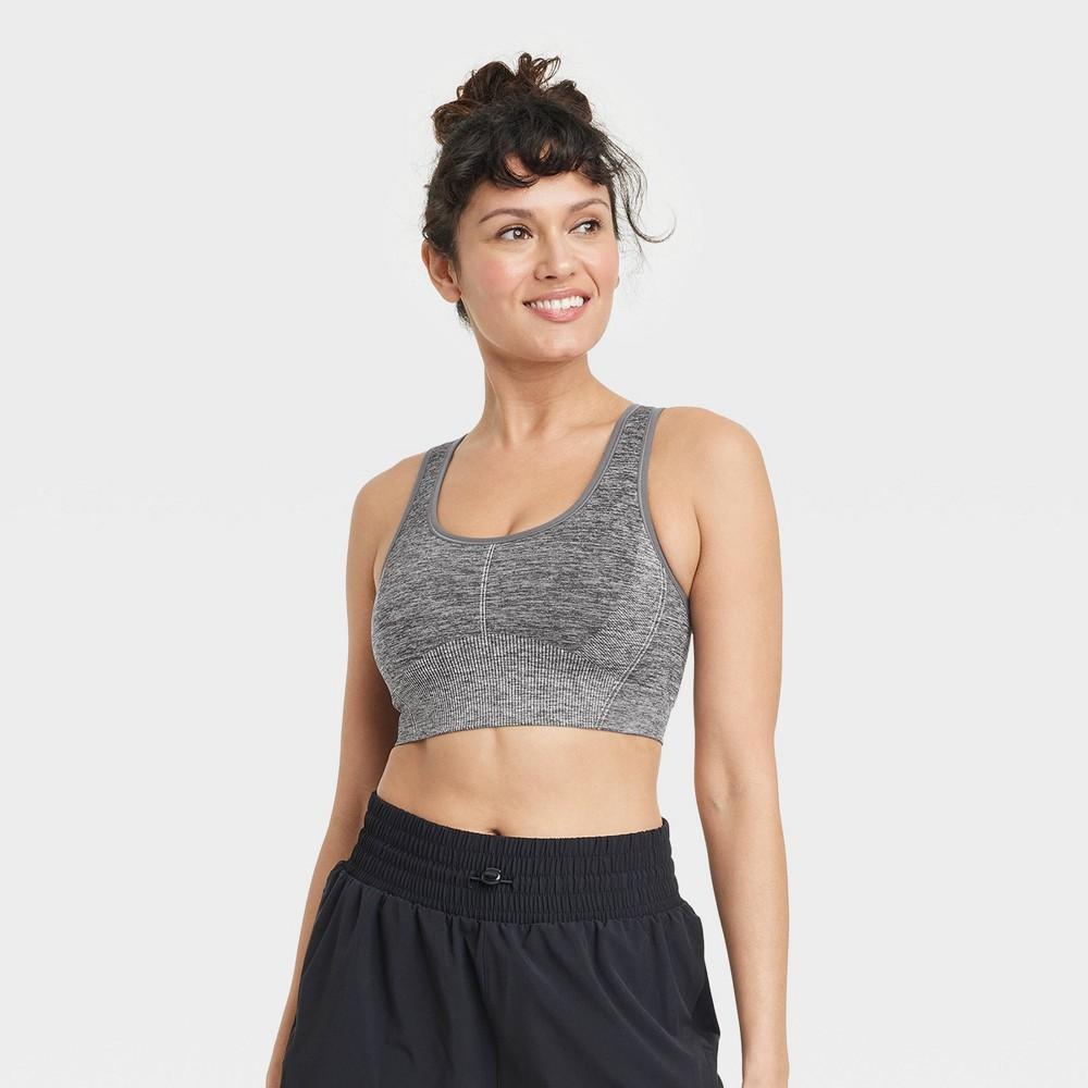 Womens Medium Support Seamless Racerback Midline Sports Bra - All in Motion Heathered Black L Product Image