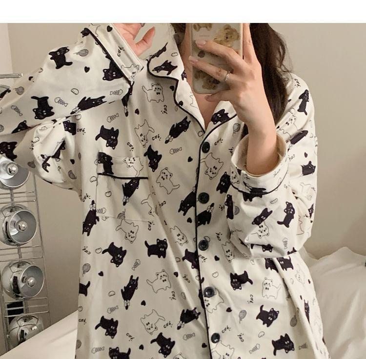 Pajama Set: Cat Print Shirt + Pants Product Image