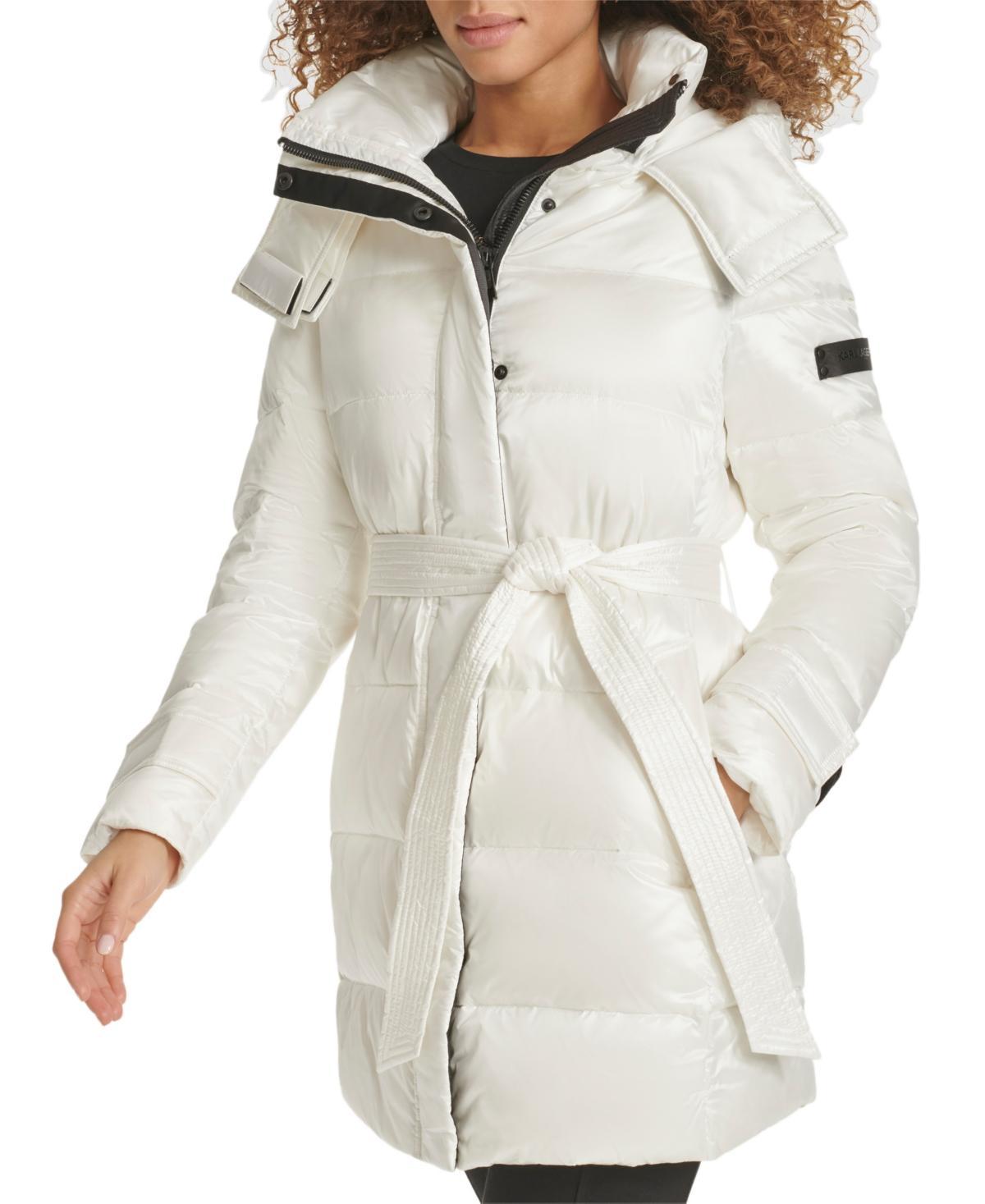 Karl Lagerfeld Womens Shine Hooded Short Belted Puffer Coat Product Image