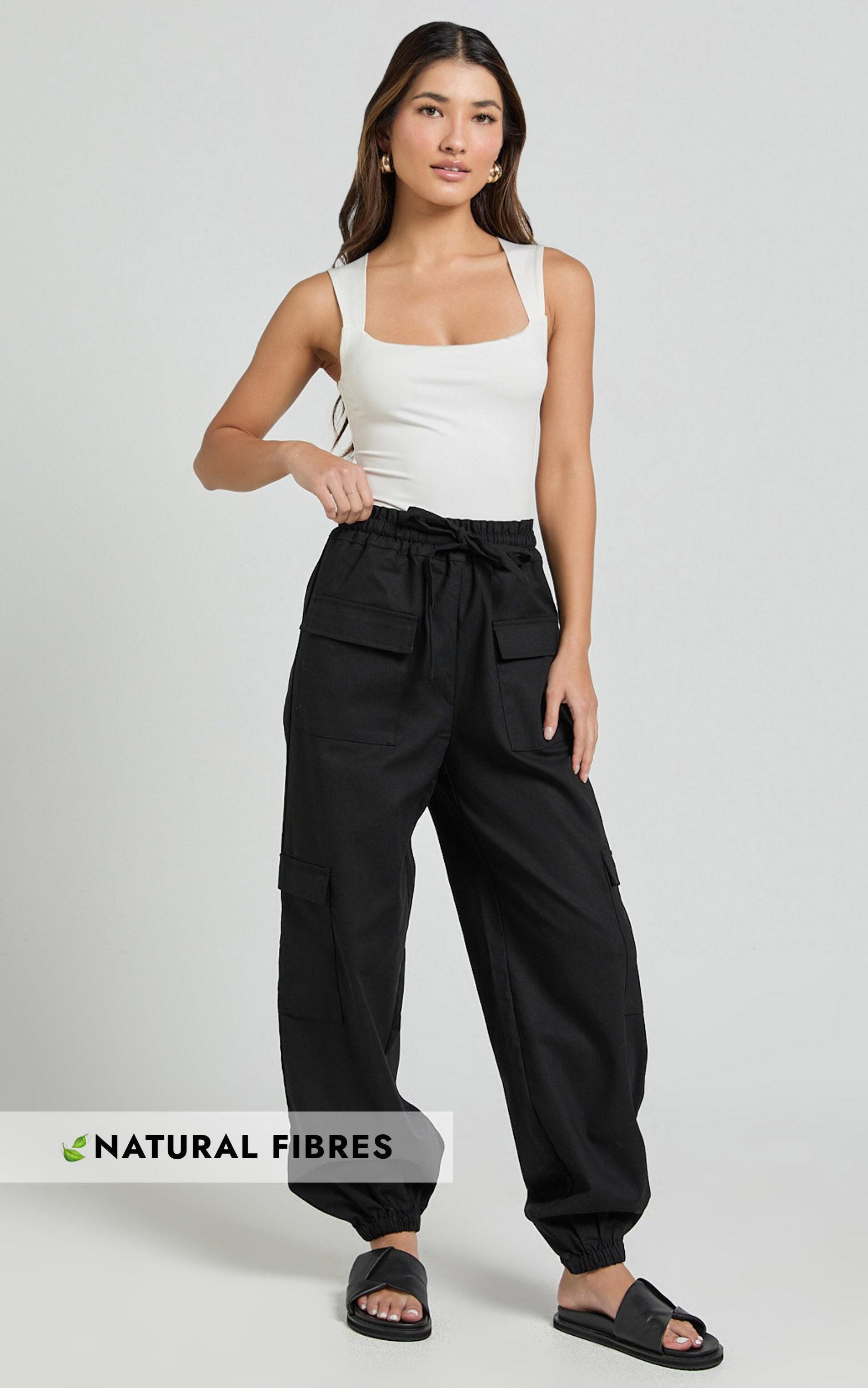 Simpson Pants - Linen Look Tie Waist Pocket Detail Cargo Pants in Black Product Image