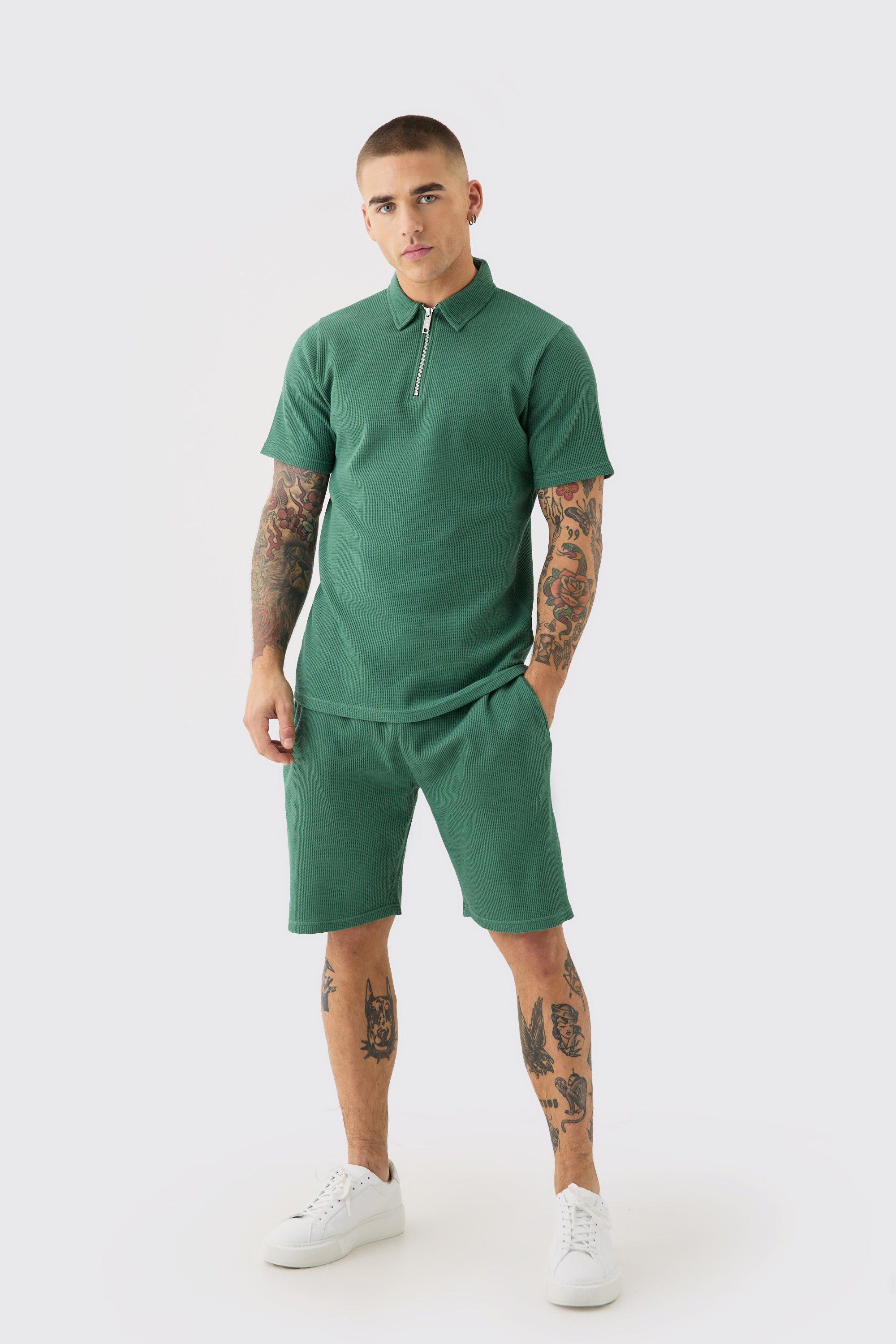 Mens Green Slim Fit Waffle Polo & Short Set, Green Product Image