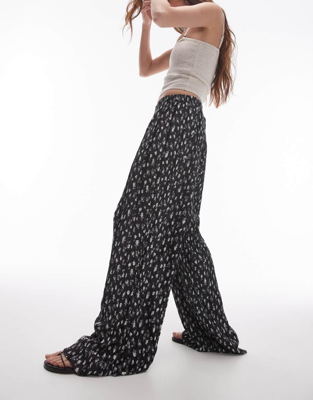 Topshop delicate floral crinkle plisse wide leg pants in black and white Product Image