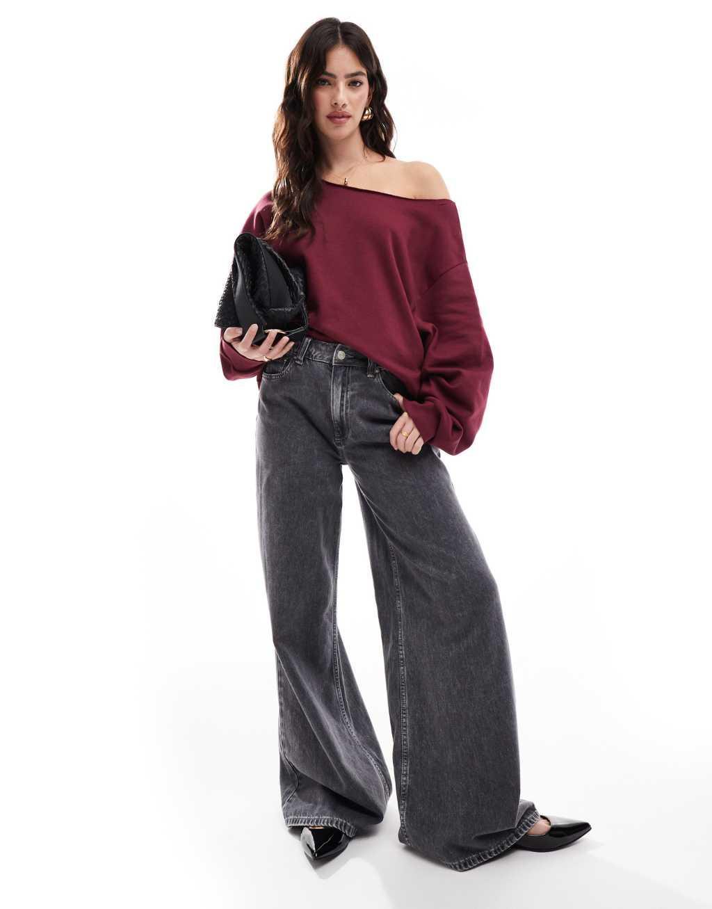 ASOS DESIGN off shoulder sweatshirt in burgundy Product Image