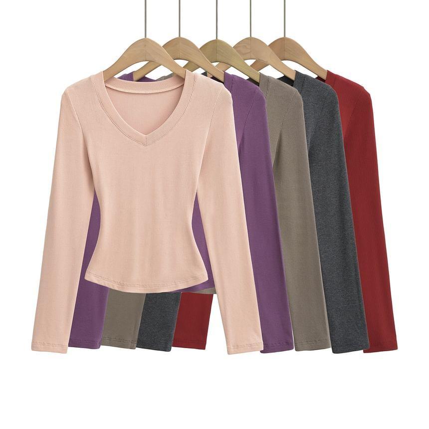 Long-Sleeve V-Neck Plain Crop Top Product Image