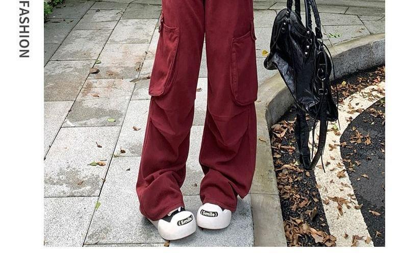 High Rise Plain Wide Leg Cargo Pants Product Image