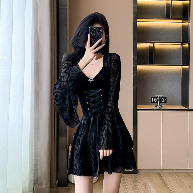 Bell-Sleeve Jacquard Panel Lace-Up Velvet Panel Mini A-Line Dress Product Image