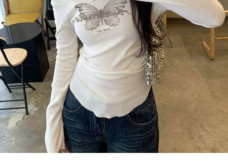 Long-Sleeve Off-Shoulder Butterfly Print T-Shirt Product Image