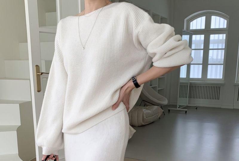 Set: Round Neck Plain Oversized Sweater + Mid Waist Plain Midi A-Line Skirt Product Image