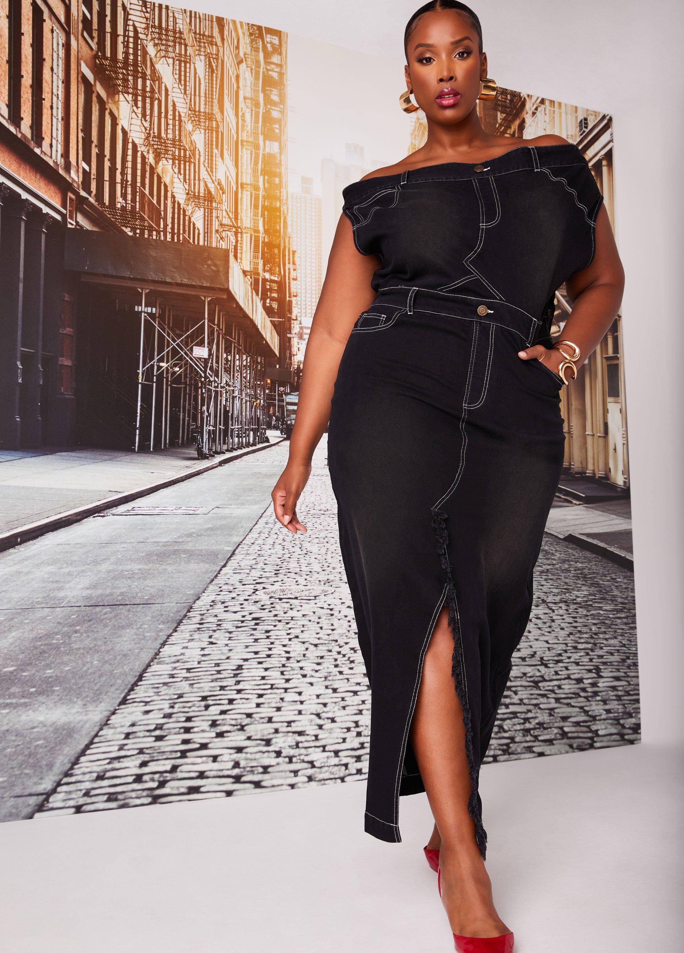 Plus Size Off The Shoulder Denim Maxi Dress Ashley Stewart Product Image