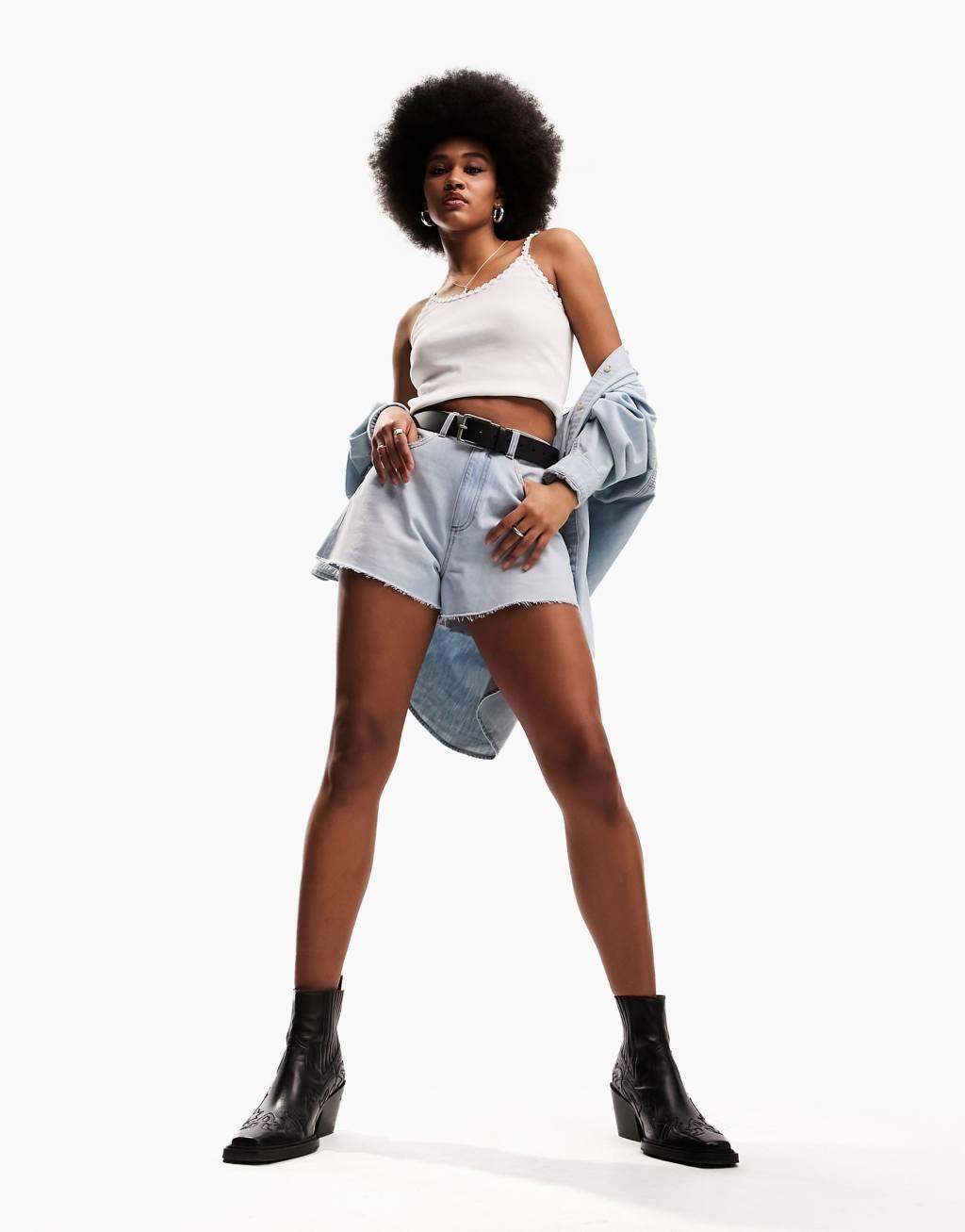 ASOS DESIGN Tall A line denim shorts in lightwash Product Image