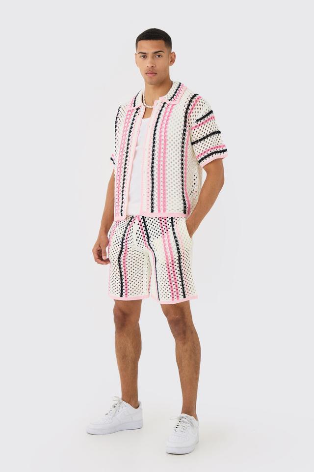 Oversized Boxy Open Stitch Stripe Shirt & Short Set | boohooMAN USA Product Image