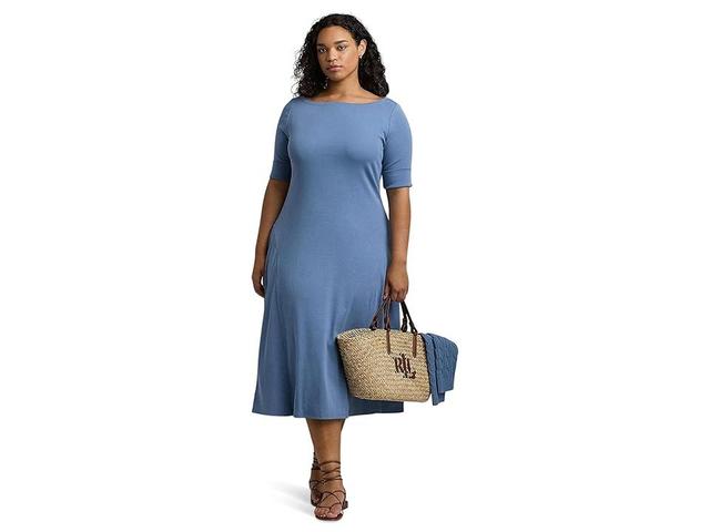 LAUREN Ralph Lauren Plus-Size Stretch Cotton Midi Dress (Pale Azure) Women's Dress Product Image