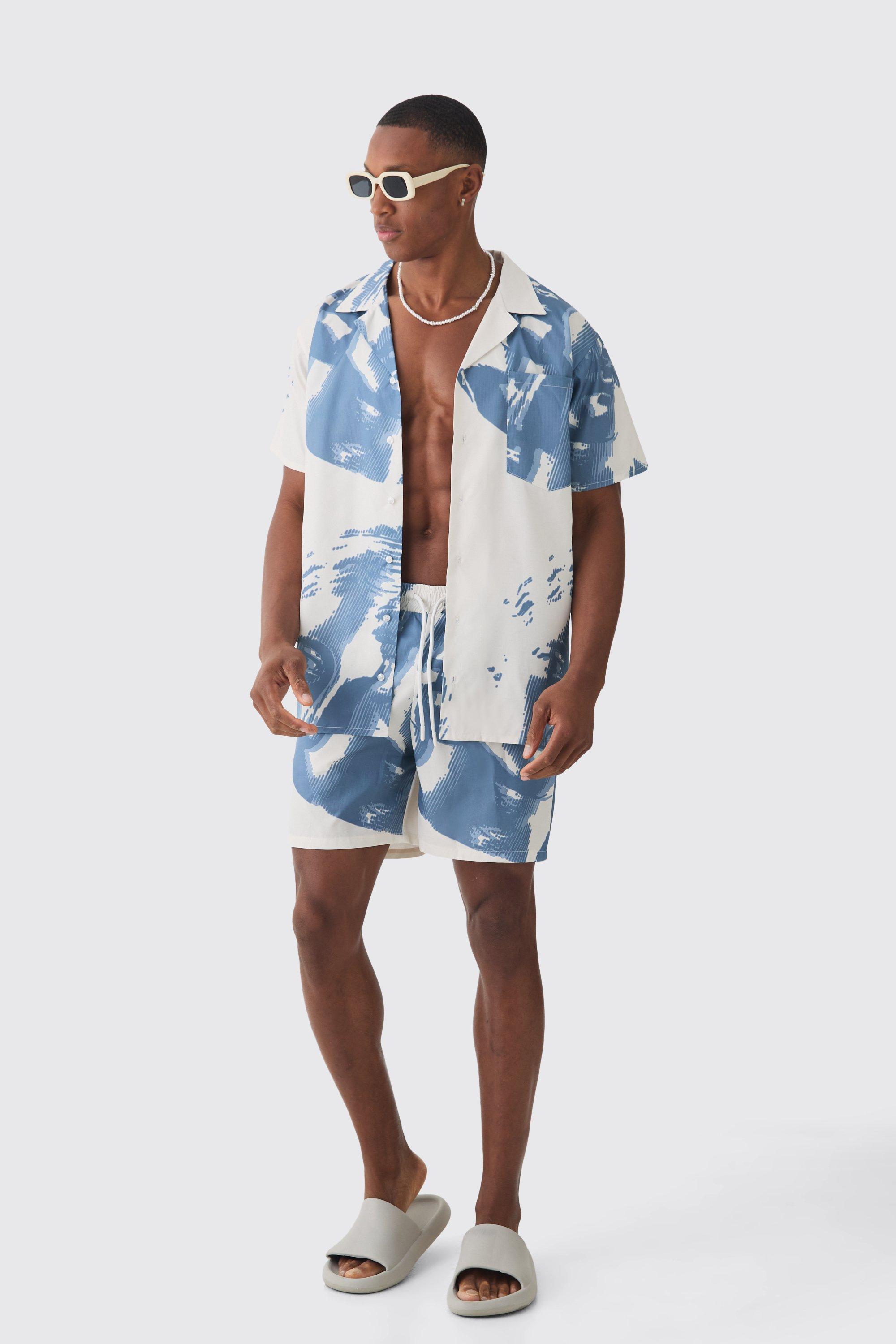 Mens Cream Face Graphic Shirt & Swim Short Set, Cream Product Image